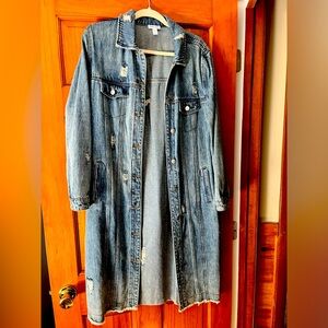 Distressed long denim jacket